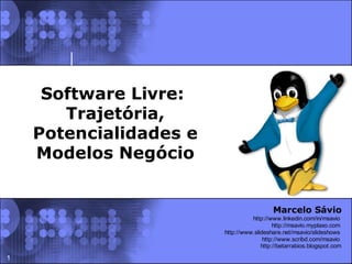 Software Livre:
       Trajetória,
    Potencialidades e
    Modelos Negócio


                                          Marcelo Sávio
                                  http://www.linkedin.com/in/msavio
                                           http://msavio.myplaxo.com
                        http://www.slideshare.net/msavio/slideshows
                                       http://www.scribd.com/msavio
                                      http://betarrabios.blogspot.com

1
 