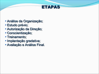 ETAPAS


Análise da Organização;
Estudo prévio;
Autorização da Direção;
Conscientização;
Treinamento;
Implantação gradativa;
Avaliação e Análise Final.
 
