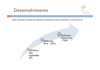 Desenvolvimento
10

     Após verificação e análise de resultados em diferentes estudos praticados na zona Euro, foi:




                                                                    Software
                                                                    Licenciado
                                             Software               - 70%
                                             livre - 25%

                          Software
                          não
                          registado -
                          5%
 