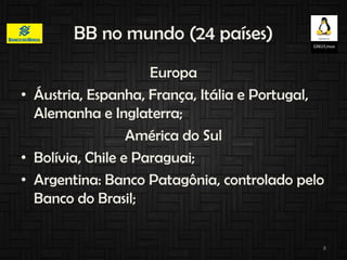 BB no mundo (24 países)
Europa
• Áustria, Espanha, França, Itália e Portugal,
Alemanha e Inglaterra;
América do Sul
• Bolí...