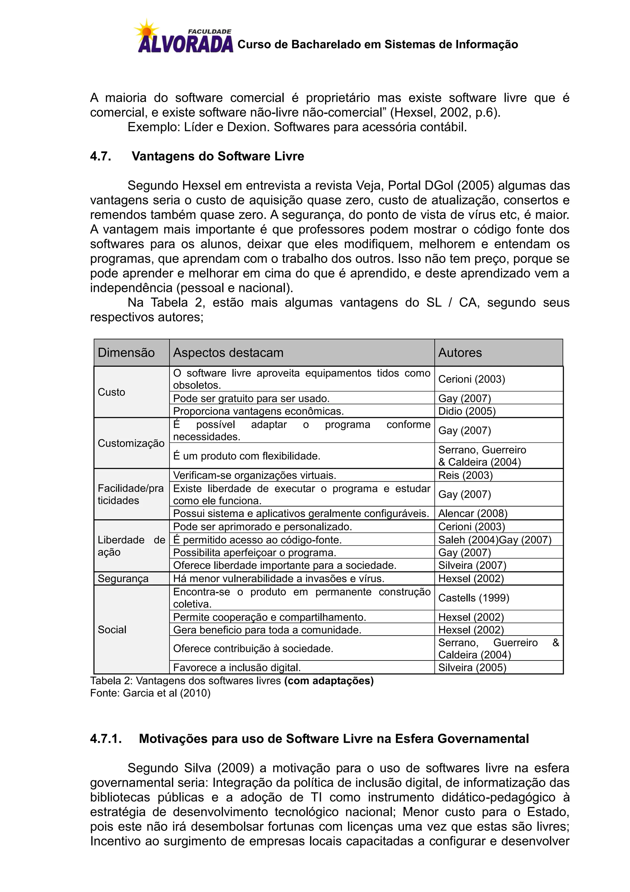 Curso de Bacharelado em Sistemas de Informação



A maioria do software comercial é proprietário mas existe software livre que é
comercial, e existe software não-livre não-comercial” (Hexsel, 2002, p.6).
     Exemplo: Líder e Dexion. Softwares para acessória contábil.

4.7.     Vantagens do Software Livre

      Segundo Hexsel em entrevista a revista Veja, Portal DGol (2005) algumas das
vantagens seria o custo de aquisição quase zero, custo de atualização, consertos e
remendos também quase zero. A segurança, do ponto de vista de vírus etc, é maior.
A vantagem mais importante é que professores podem mostrar o código fonte dos
softwares para os alunos, deixar que eles modifiquem, melhorem e entendam os
programas, que aprendam com o trabalho dos outros. Isso não tem preço, porque se
pode aprender e melhorar em cima do que é aprendido, e deste aprendizado vem a
independência (pessoal e nacional).
      Na Tabela 2, estão mais algumas vantagens do SL / CA, segundo seus
respectivos autores;

 Dimensão       Aspectos destacam                                        Autores
                O software livre aproveita equipamentos tidos como
                                                                         Cerioni (2003)
                obsoletos.
 Custo
                Pode ser gratuito para ser usado.                        Gay (2007)
                Proporciona vantagens econômicas.                        Didio (2005)
                É   possível     adaptar    o   programa   conforme
                                                                         Gay (2007)
                necessidades.
 Customização
                                                                         Serrano, Guerreiro
                É um produto com flexibilidade.
                                                                         & Caldeira (2004)
                Verificam-se organizações virtuais.                      Reis (2003)
 Facilidade/pra Existe liberdade de executar o programa e estudar
                                                                         Gay (2007)
 ticidades      como ele funciona.
                Possui sistema e aplicativos geralmente configuráveis.   Alencar (2008)
                Pode ser aprimorado e personalizado.                     Cerioni (2003)
 Liberdade de É permitido acesso ao código-fonte.                        Saleh (2004)Gay (2007)
 ação           Possibilita aperfeiçoar o programa.                      Gay (2007)
                Oferece liberdade importante para a sociedade.           Silveira (2007)
 Segurança      Há menor vulnerabilidade a invasões e vírus.             Hexsel (2002)
                Encontra-se o produto em permanente construção
                                                                         Castells (1999)
                coletiva.
                Permite cooperação e compartilhamento.                   Hexsel (2002)
 Social         Gera beneficio para toda a comunidade.                   Hexsel (2002)
                                                                         Serrano, Guerreiro       &
                Oferece contribuição à sociedade.
                                                                         Caldeira (2004)
                  Favorece a inclusão digital.                           Silveira (2005)
Tabela 2: Vantagens dos softwares livres (com adaptações)
Fonte: Garcia et al (2010)



4.7.1.    Motivações para uso de Software Livre na Esfera Governamental

        Segundo Silva (2009) a motivação para o uso de softwares livre na esfera
governamental seria: Integração da política de inclusão digital, de informatização das
bibliotecas públicas e a adoção de TI como instrumento didático-pedagógico à
estratégia de desenvolvimento tecnológico nacional; Menor custo para o Estado,
pois este não irá desembolsar fortunas com licenças uma vez que estas são livres;
Incentivo ao surgimento de empresas locais capacitadas a configurar e desenvolver
 