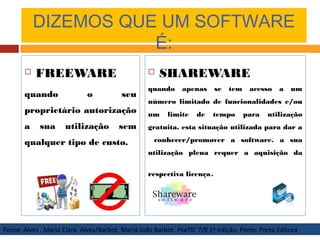 DIZEMOS QUE UM SOFTWARE
É:
 FREEWARE
quando o seu
proprietário autorização
a sua utilização sem
qualquer tipo de custo.
 SHAREWARE
quando apenas se tem acesso a um
número limitado de funcionalidades e/ou
um limite de tempo para utilização
gratuita. esta situação utilizada para dar a
conhecer/promover a software. a sua
utilização plena requer a aquisição da
respectiva licença.
Fonte: Alves , Maria Clara Alves/Barbot, Maria João Barbot. PraTIC 7/8 1º edição. Porto: Porto Editora
 