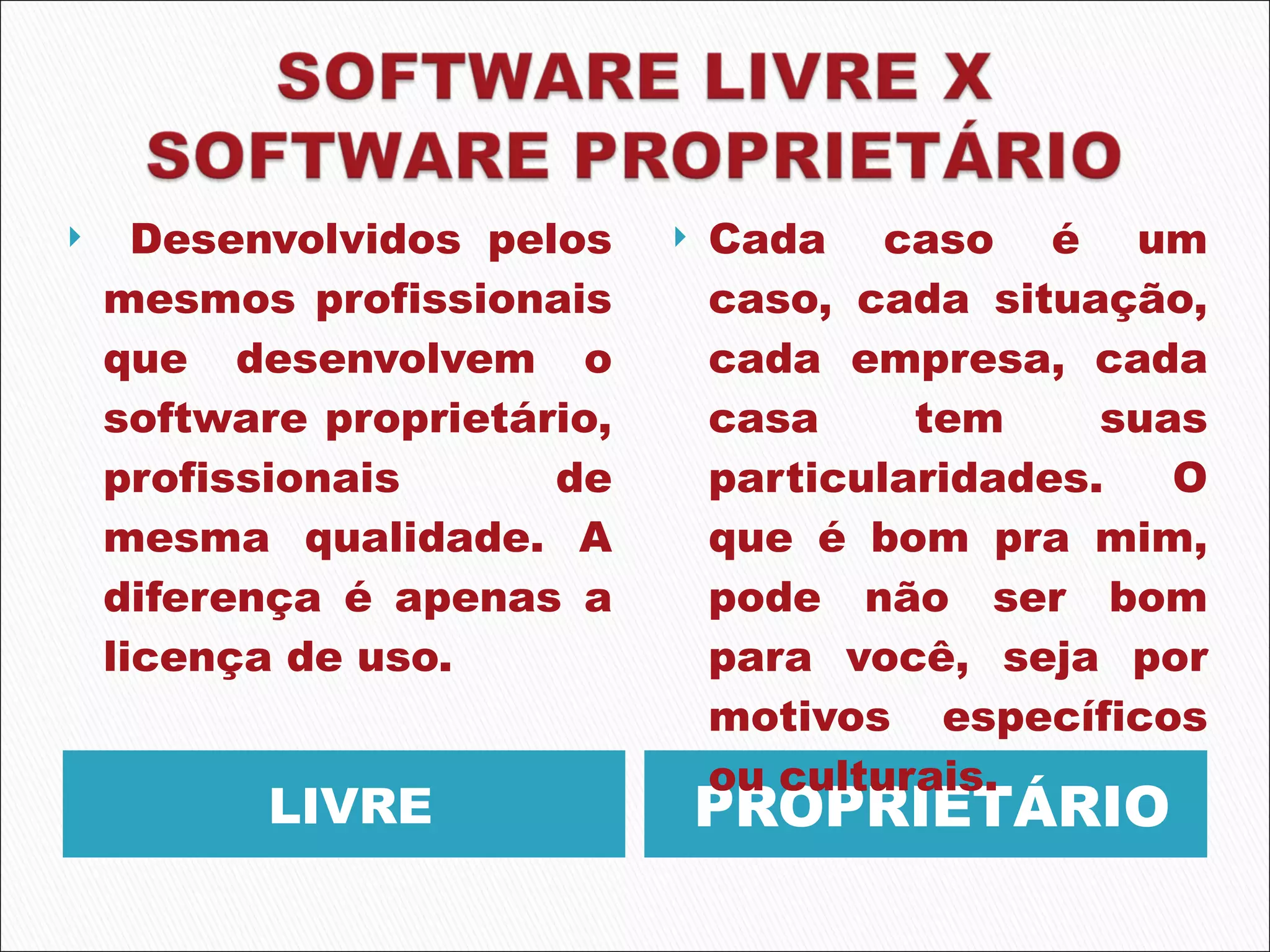 LIVRE PROPRIETÁRIO Desenvolvidos pelos mesmos profissionais que desenvolvem o software proprietário, profissionais de mesma qualidade. A diferença é apenas a licença de uso. Cada caso é um caso, cada situação, cada empresa, cada casa tem suas particularidades. O que é bom pra mim, pode não ser bom para você, seja por motivos específicos ou culturais. 