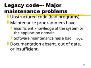 19
Legacy code--- Major
maintenance problems
 Unstructured code (bad programs)
 Maintenance programmers have:
 insufficient knowledge of the system or
the application domain.
 Software maintenance has a bad image.
 Documentation absent, out of date,
or insufficient.
 