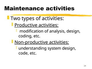 24
Maintenance activities
 Two types of activities:
 Productive activities:
 modification of analysis, design,
coding, etc.
 Non-productive activities:
 understanding system design,
code, etc.
 