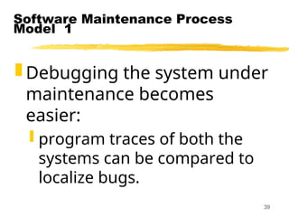 39
Software Maintenance Process
Model 1
 Debugging the system under
maintenance becomes
easier:
 program traces of both the
systems can be compared to
localize bugs.
 