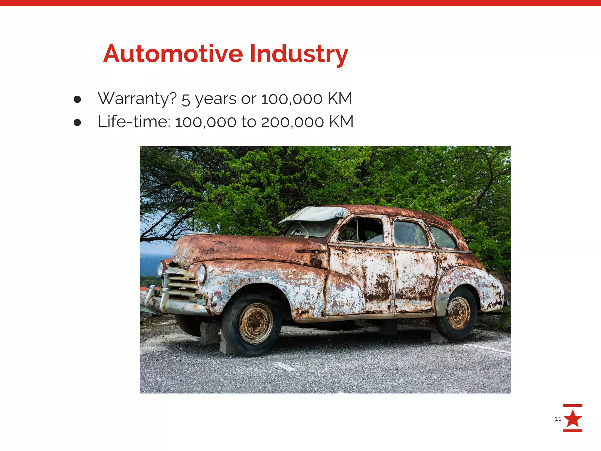 11
Automotive Industry
● Warranty? 5 years or 100,000 KM
● Life-time: 100,000 to 200,000 KM
 