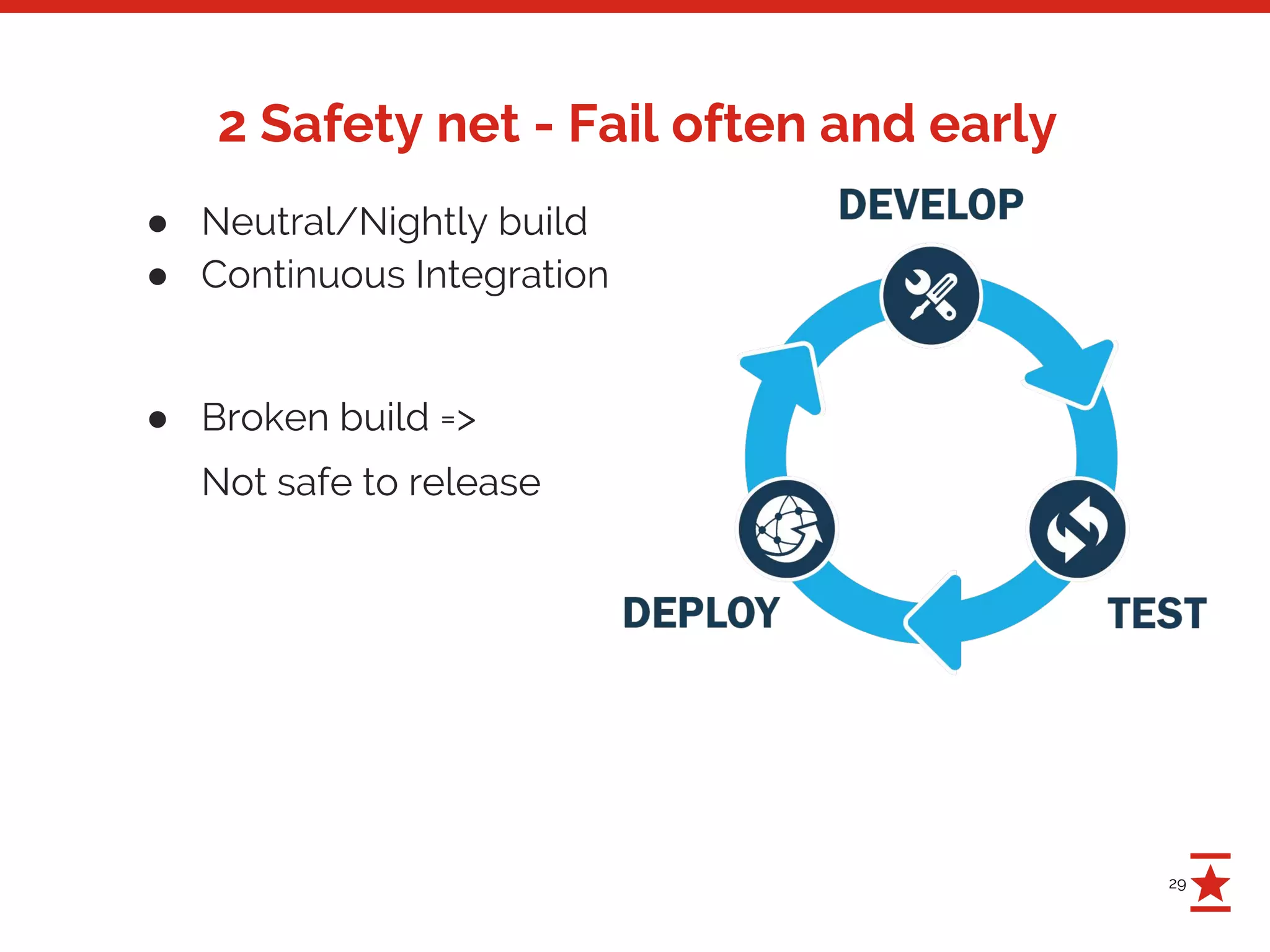 29
2 Safety net - Fail often and early
● Neutral/Nightly build
● Continuous Integration
● Broken build =>
Not safe to release
 