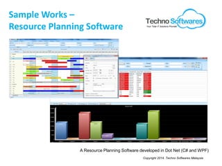 Sample Works –
Resource Planning Software
A Resource Planning Software developed in Dot Net (C# and WPF)
Copyright 2014. Techno Softwares Malaysia
Your Total IT Solutions Provider
 