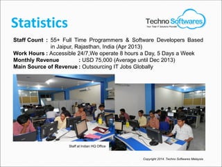 Statistics
Staff Count : 55+ Full Time Programmers & Software Developers Based
in Jaipur, Rajasthan, India (Apr 2013)
Work Hours : Accessible 24/7,We operate 8 hours a Day, 5 Days a Week
Monthly Revenue : USD 75,000 (Average until Dec 2013)
Main Source of Revenue : Outsourcing IT Jobs Globally
Staff at Indian HQ Office
Copyright 2014. Techno Softwares Malaysia
Your Total IT Solutions Provider
 