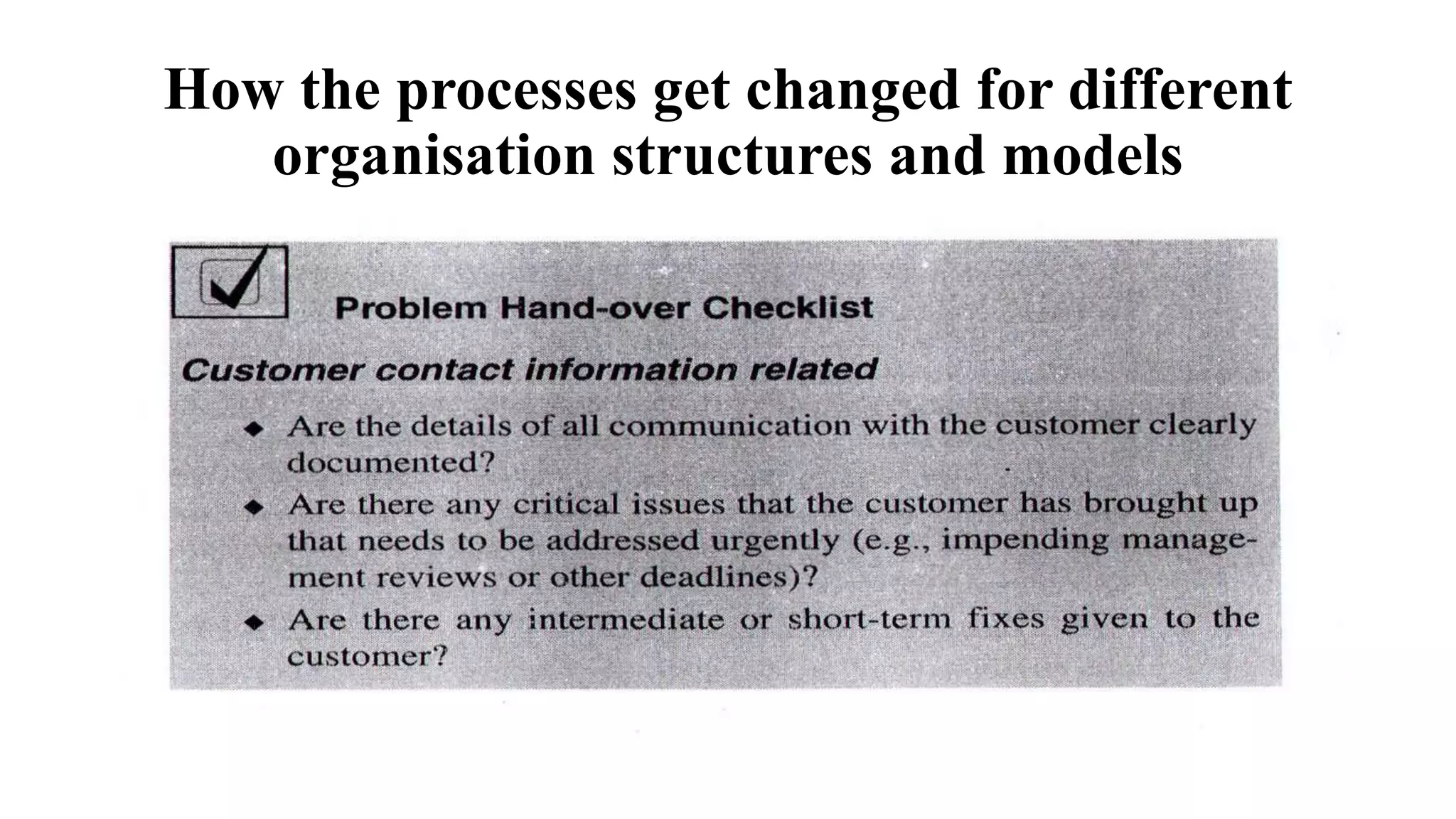 How the processes get changed for different
organisation structures and models
 