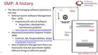 www.software.ac.uk
SMP: A history
• The idea of managing software outcomes is
not new
▪ Defense System Software Management...