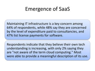 Emergence of SaaS

Maintaining IT infrastructure is a key concern among
64% of respondents, while 48% say they are concern...
