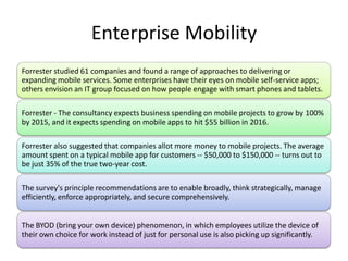 Enterprise Mobility
Forrester studied 61 companies and found a range of approaches to delivering or
expanding mobile servi...