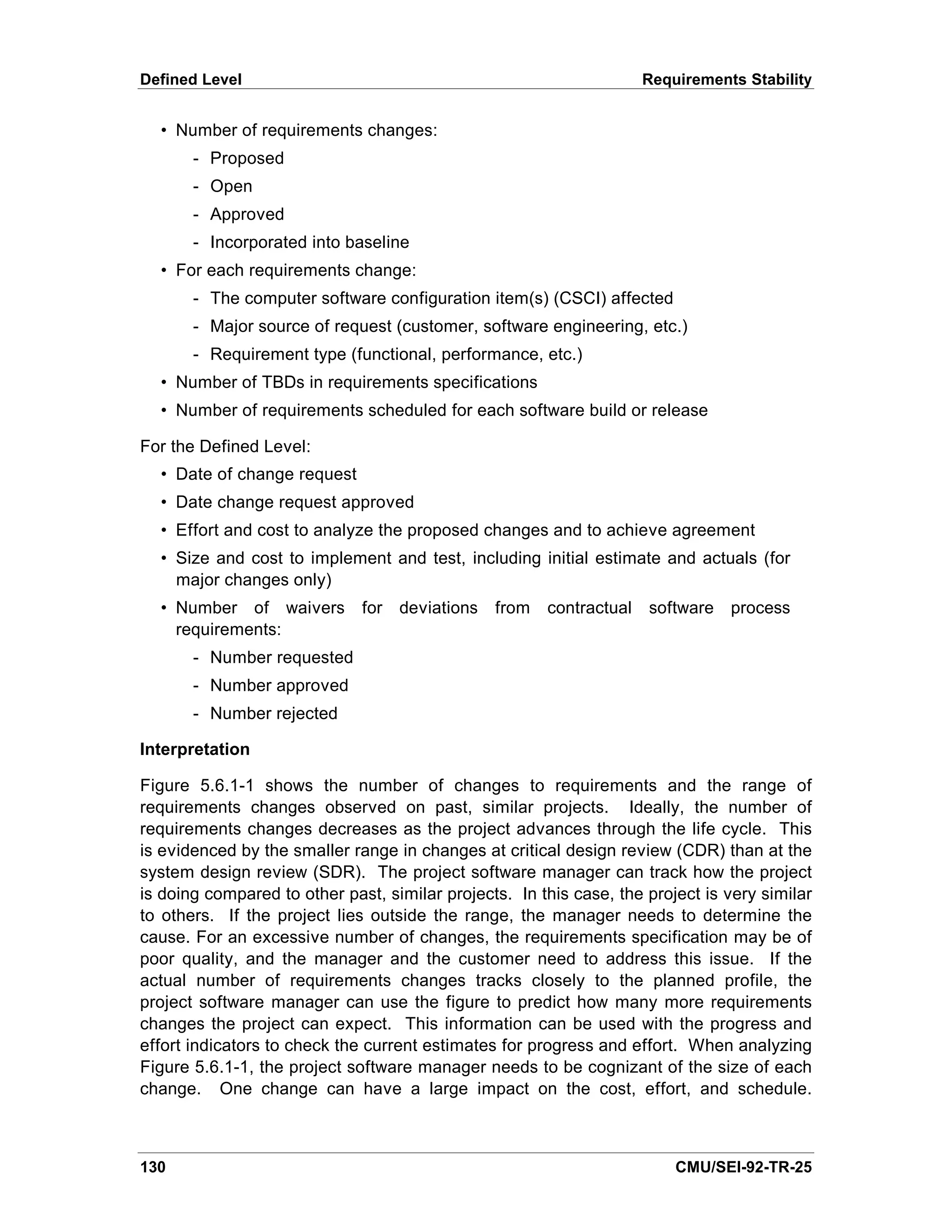 Defined Level                                                       Requirements Stability


  • Number of requirements changes:
       - Proposed
       - Open
       - Approved
       - Incorporated into baseline
  • For each requirements change:
       - The computer software configuration item(s) (CSCI) affected
       - Major source of request (customer, software engineering, etc.)
       - Requirement type (functional, performance, etc.)
  • Number of TBDs in requirements specifications
  • Number of requirements scheduled for each software build or release

For the Defined Level:
  • Date of change request
  • Date change request approved
  • Effort and cost to analyze the proposed changes and to achieve agreement
  • Size and cost to implement and test, including initial estimate and actuals (for
    major changes only)
  • Number of waivers for deviations from contractual software process
    requirements:
       - Number requested
       - Number approved
       - Number rejected

Interpretation

Figure 5.6.1-1 shows the number of changes to requirements and the range of
requirements changes observed on past, similar projects. Ideally, the number of
requirements changes decreases as the project advances through the life cycle. This
is evidenced by the smaller range in changes at critical design review (CDR) than at the
system design review (SDR). The project software manager can track how the project
is doing compared to other past, similar projects. In this case, the project is very similar
to others. If the project lies outside the range, the manager needs to determine the
cause. For an excessive number of changes, the requirements specification may be of
poor quality, and the manager and the customer need to address this issue. If the
actual number of requirements changes tracks closely to the planned profile, the
project software manager can use the figure to predict how many more requirements
changes the project can expect. This information can be used with the progress and
effort indicators to check the current estimates for progress and effort. When analyzing
Figure 5.6.1-1, the project software manager needs to be cognizant of the size of each
change. One change can have a large impact on the cost, effort, and schedule.



130                                                                      CMU/SEI-92-TR-25
 