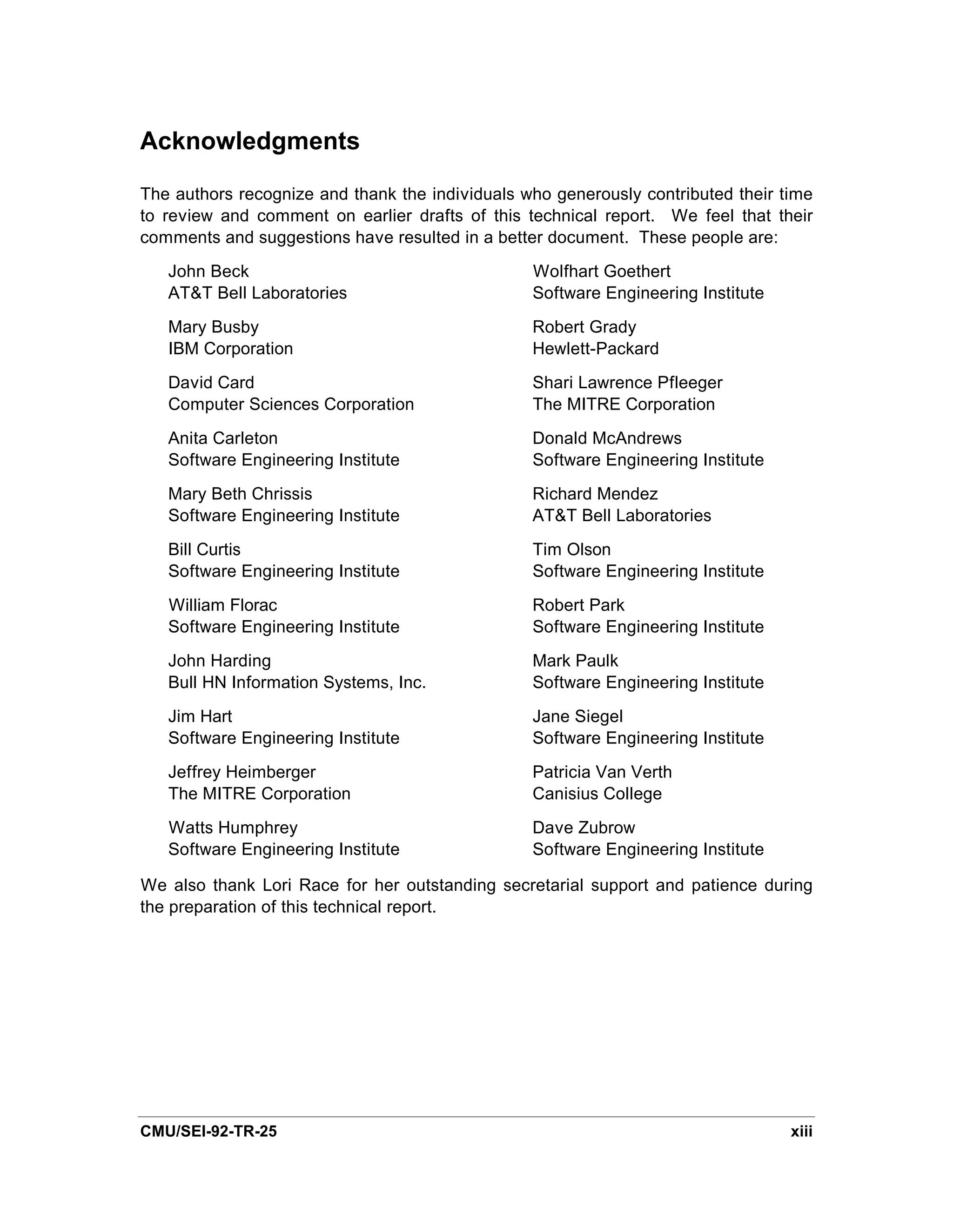 Acknowledgments

The authors recognize and thank the individuals who generously contributed their time
to review and comment on earlier drafts of this technical report. We feel that their
comments and suggestions have resulted in a better document. These people are:
   John Beck                                     Wolfhart Goethert
   AT&T Bell Laboratories                        Software Engineering Institute
   Mary Busby                                    Robert Grady
   IBM Corporation                               Hewlett-Packard
   David Card                                    Shari Lawrence Pfleeger
   Computer Sciences Corporation                 The MITRE Corporation
   Anita Carleton                                Donald McAndrews
   Software Engineering Institute                Software Engineering Institute
   Mary Beth Chrissis                            Richard Mendez
   Software Engineering Institute                AT&T Bell Laboratories
   Bill Curtis                                   Tim Olson
   Software Engineering Institute                Software Engineering Institute
   William Florac                                Robert Park
   Software Engineering Institute                Software Engineering Institute
   John Harding                                  Mark Paulk
   Bull HN Information Systems, Inc.             Software Engineering Institute
   Jim Hart                                      Jane Siegel
   Software Engineering Institute                Software Engineering Institute
   Jeffrey Heimberger                            Patricia Van Verth
   The MITRE Corporation                         Canisius College
   Watts Humphrey                                Dave Zubrow
   Software Engineering Institute                Software Engineering Institute

We also thank Lori Race for her outstanding secretarial support and patience during
the preparation of this technical report.




CMU/SEI-92-TR-25                                                                  xiii
 