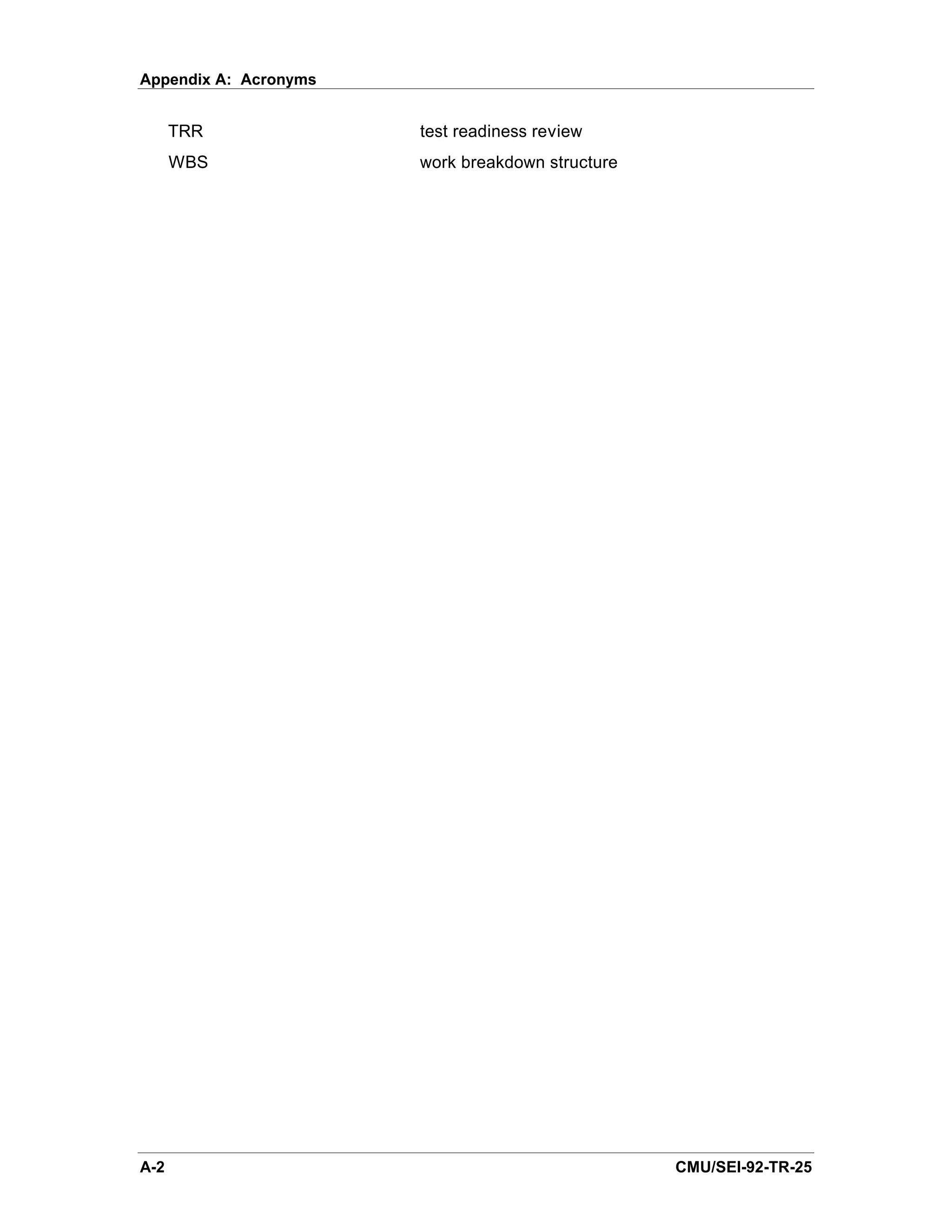 Appendix A: Acronyms


      TRR              test readiness review
      WBS              work breakdown structure




A-2                                               CMU/SEI-92-TR-25
 