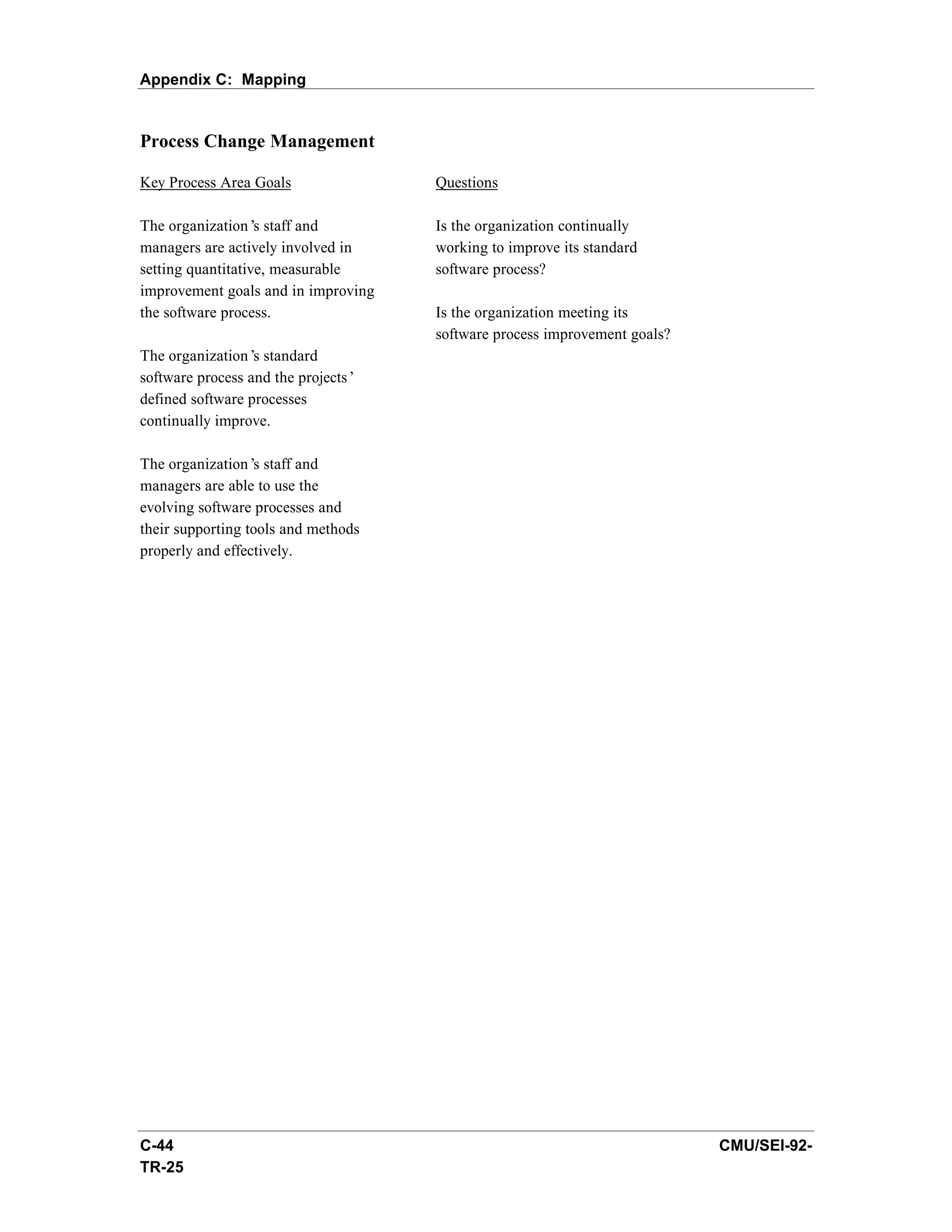 Appendix C: Mapping


Process Change Management

Key Process Area Goals               Questions

The organization’ staff and
                   s                 Is the organization continually
managers are actively involved in    working to improve its standard
setting quantitative, measurable     software process?
improvement goals and in improving
the software process.                Is the organization meeting its
                                     software process improvement goals?
The organization’ standard
                  s
software process and the projects’
defined software processes
continually improve.

The organization’ staff and
                  s
managers are able to use the
evolving software processes and
their supporting tools and methods
properly and effectively.




C-44                                                                       CMU/SEI-92-
TR-25
 