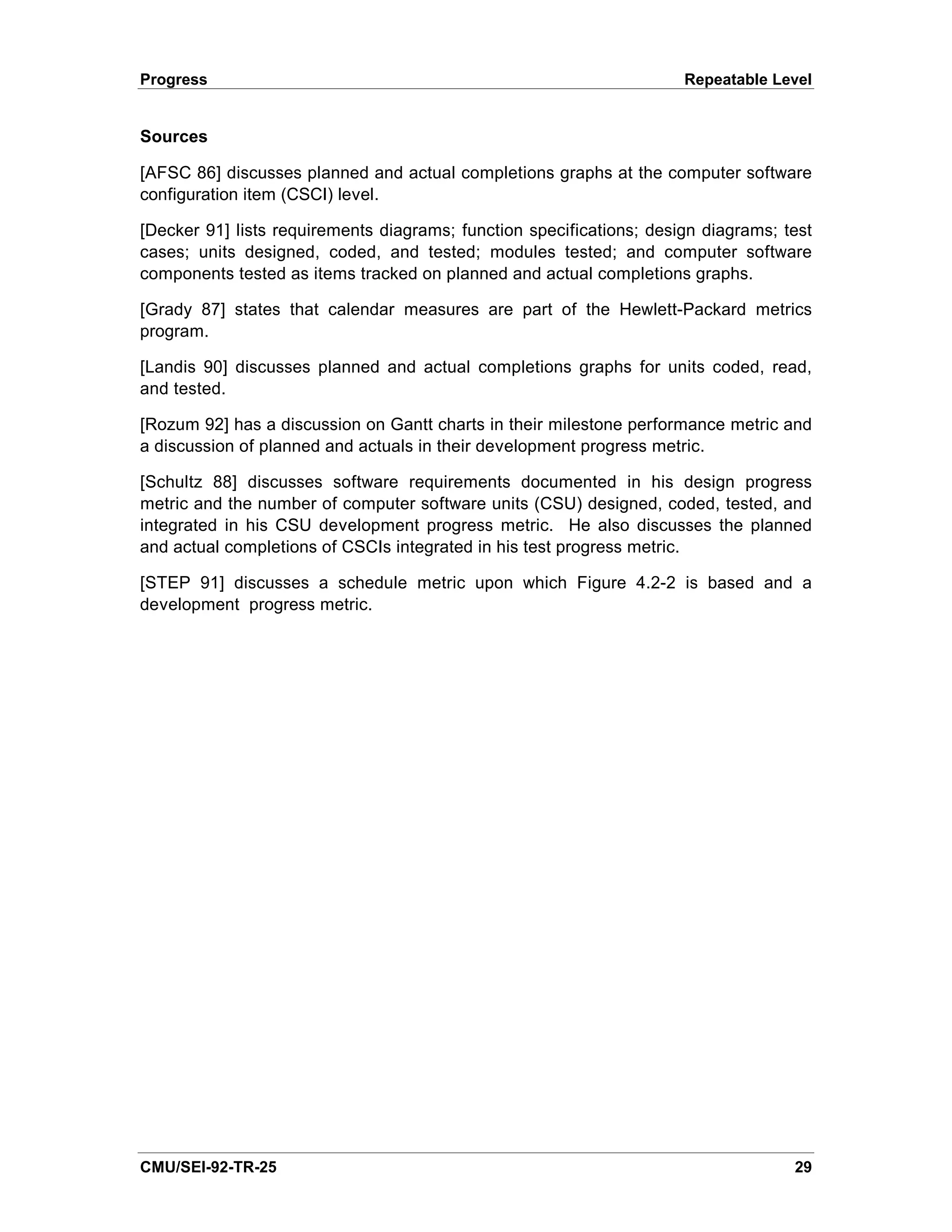 Progress                                                              Repeatable Level


Sources

[AFSC 86] discusses planned and actual completions graphs at the computer software
configuration item (CSCI) level.

[Decker 91] lists requirements diagrams; function specifications; design diagrams; test
cases; units designed, coded, and tested; modules tested; and computer software
components tested as items tracked on planned and actual completions graphs.

[Grady 87] states that calendar measures are part of the Hewlett-Packard metrics
program.

[Landis 90] discusses planned and actual completions graphs for units coded, read,
and tested.

[Rozum 92] has a discussion on Gantt charts in their milestone performance metric and
a discussion of planned and actuals in their development progress metric.

[Schultz 88] discusses software requirements documented in his design progress
metric and the number of computer software units (CSU) designed, coded, tested, and
integrated in his CSU development progress metric. He also discusses the planned
and actual completions of CSCIs integrated in his test progress metric.

[STEP 91] discusses a schedule metric upon which Figure 4.2-2 is based and a
development progress metric.




CMU/SEI-92-TR-25                                                                    29
 