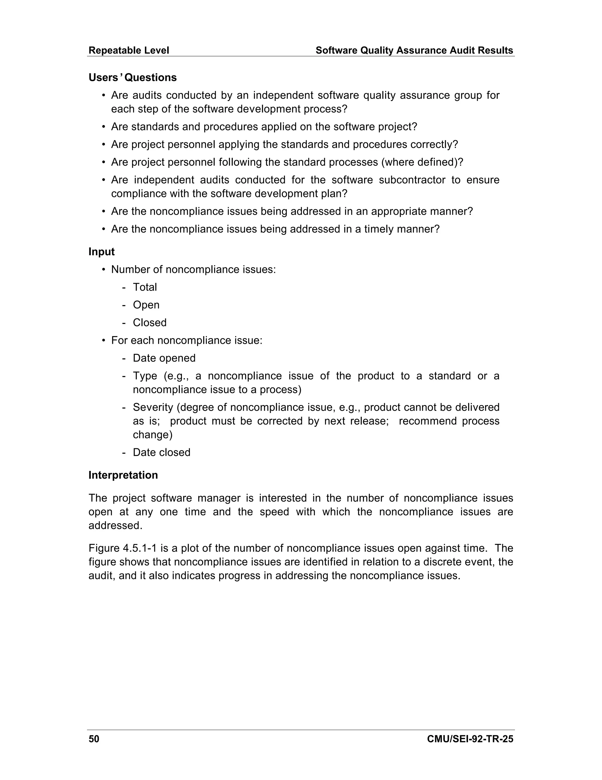 Repeatable Level                                Software Quality Assurance Audit Results

Users’Questions
     • Are audits conducted by an independent software quality assurance group for
       each step of the software development process?
     • Are standards and procedures applied on the software project?
     • Are project personnel applying the standards and procedures correctly?
     • Are project personnel following the standard processes (where defined)?
     • Are independent audits conducted for the software subcontractor to ensure
       compliance with the software development plan?
     • Are the noncompliance issues being addressed in an appropriate manner?
     • Are the noncompliance issues being addressed in a timely manner?

Input
     • Number of noncompliance issues:
         - Total
         - Open
         - Closed
     • For each noncompliance issue:
         - Date opened
         - Type (e.g., a noncompliance issue of the product to a standard or a
           noncompliance issue to a process)
         - Severity (degree of noncompliance issue, e.g., product cannot be delivered
           as is; product must be corrected by next release; recommend process
           change)
         - Date closed

Interpretation

The project software manager is interested in the number of noncompliance issues
open at any one time and the speed with which the noncompliance issues are
addressed.

Figure 4.5.1-1 is a plot of the number of noncompliance issues open against time. The
figure shows that noncompliance issues are identified in relation to a discrete event, the
audit, and it also indicates progress in addressing the noncompliance issues.




50                                                                     CMU/SEI-92-TR-25
 