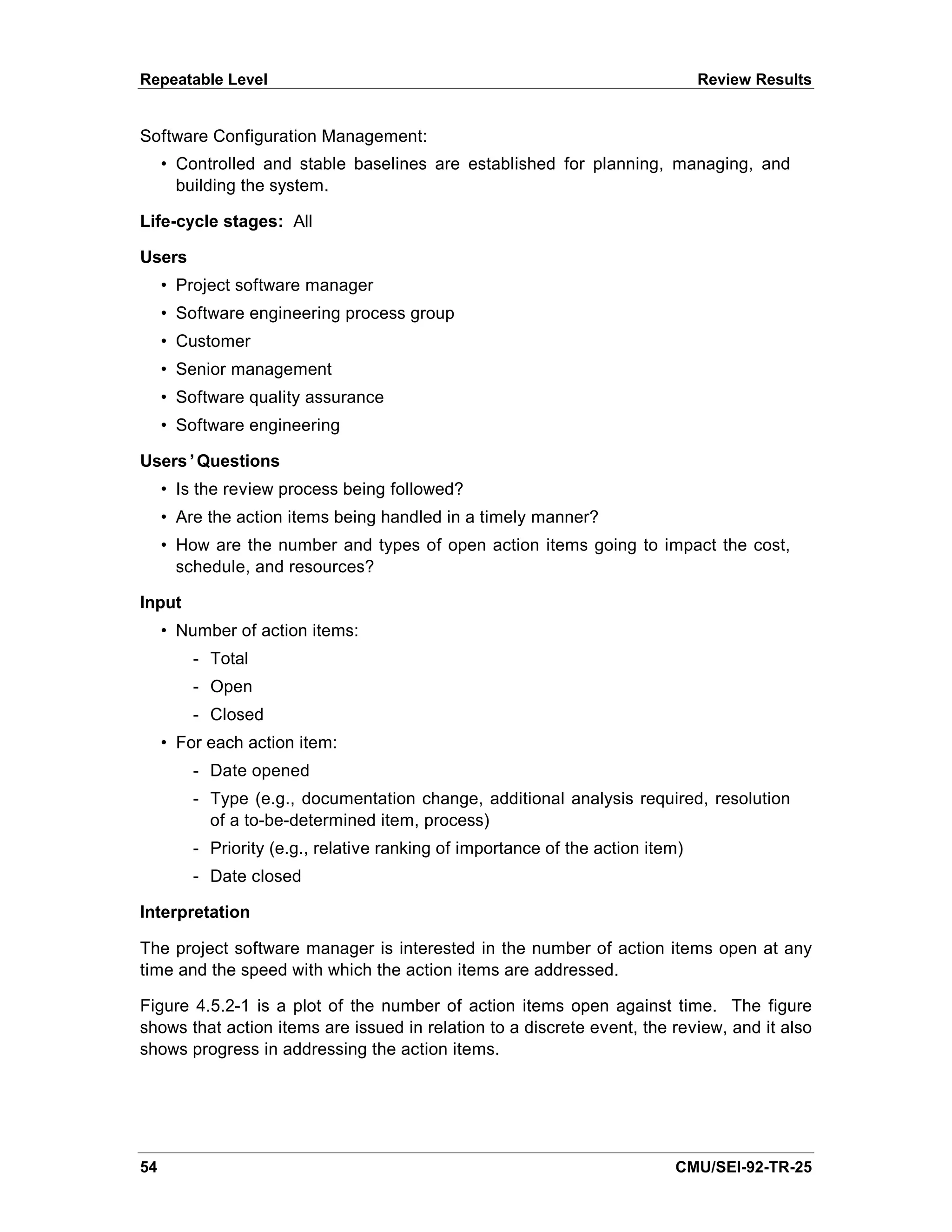 Repeatable Level                                                                Review Results


Software Configuration Management:
     • Controlled and stable baselines are established for planning, managing, and
       building the system.

Life-cycle stages: All

Users
     • Project software manager
     • Software engineering process group
     • Customer
     • Senior management
     • Software quality assurance
     • Software engineering

Users’Questions
     • Is the review process being followed?
     • Are the action items being handled in a timely manner?
     • How are the number and types of open action items going to impact the cost,
       schedule, and resources?

Input
     • Number of action items:
         - Total
         - Open
         - Closed
     • For each action item:
         - Date opened
         - Type (e.g., documentation change, additional analysis required, resolution
           of a to-be-determined item, process)
         - Priority (e.g., relative ranking of importance of the action item)
         - Date closed

Interpretation

The project software manager is interested in the number of action items open at any
time and the speed with which the action items are addressed.

Figure 4.5.2-1 is a plot of the number of action items open against time. The figure
shows that action items are issued in relation to a discrete event, the review, and it also
shows progress in addressing the action items.




54                                                                         CMU/SEI-92-TR-25
 