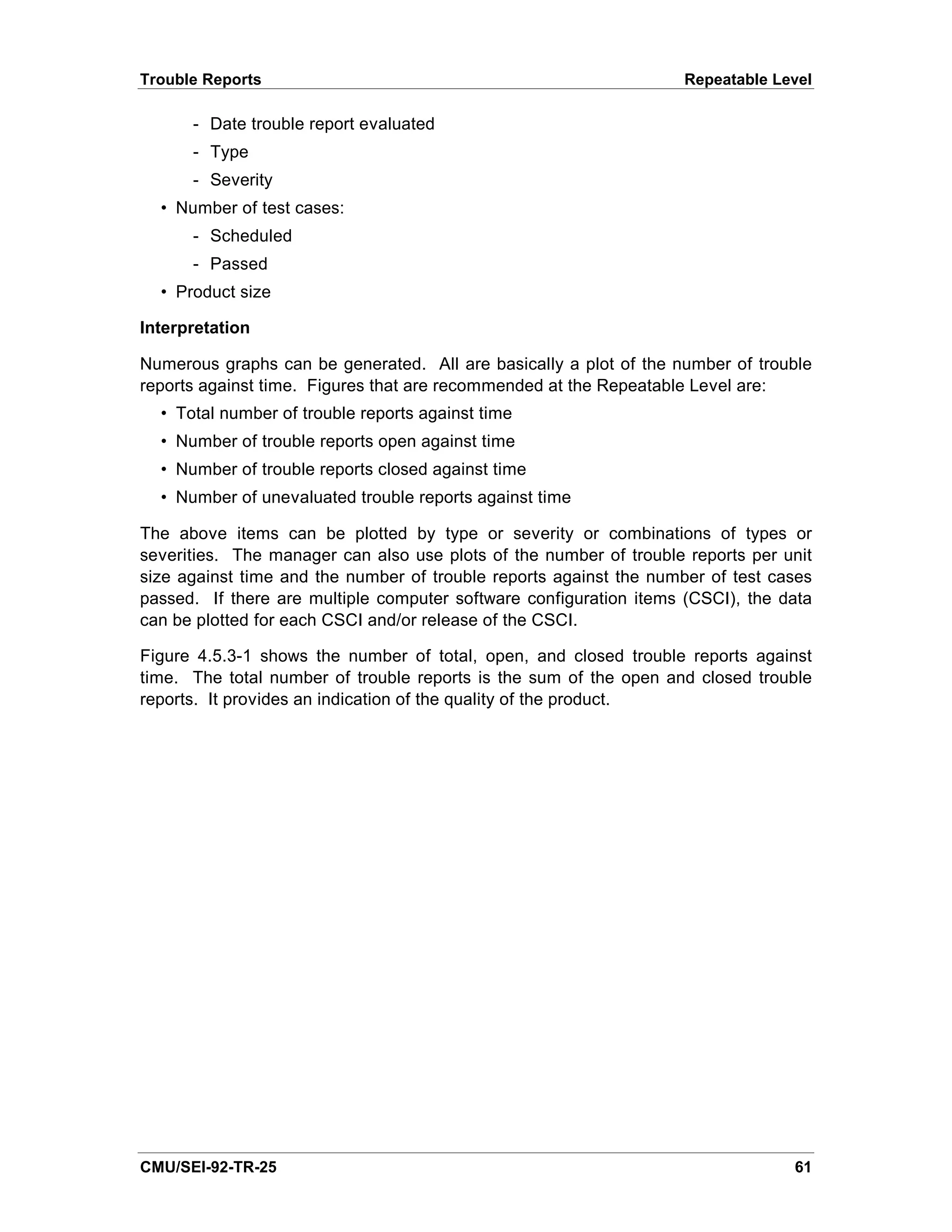 Trouble Reports                                                     Repeatable Level

      - Date trouble report evaluated
      - Type
      - Severity
  • Number of test cases:
      - Scheduled
      - Passed
  • Product size

Interpretation

Numerous graphs can be generated. All are basically a plot of the number of trouble
reports against time. Figures that are recommended at the Repeatable Level are:
  • Total number of trouble reports against time
  • Number of trouble reports open against time
  • Number of trouble reports closed against time
  • Number of unevaluated trouble reports against time

The above items can be plotted by type or severity or combinations of types or
severities. The manager can also use plots of the number of trouble reports per unit
size against time and the number of trouble reports against the number of test cases
passed. If there are multiple computer software configuration items (CSCI), the data
can be plotted for each CSCI and/or release of the CSCI.

Figure 4.5.3-1 shows the number of total, open, and closed trouble reports against
time. The total number of trouble reports is the sum of the open and closed trouble
reports. It provides an indication of the quality of the product.




CMU/SEI-92-TR-25                                                                 61
 