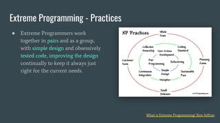 ● Extreme Programmers work
together in pairs and as a group,
with simple design and obsessively
tested code, improving the design
continually to keep it always just
right for the current needs.
Extreme Programming - Practices
What is Extreme Programming? Ron Jeffries
 