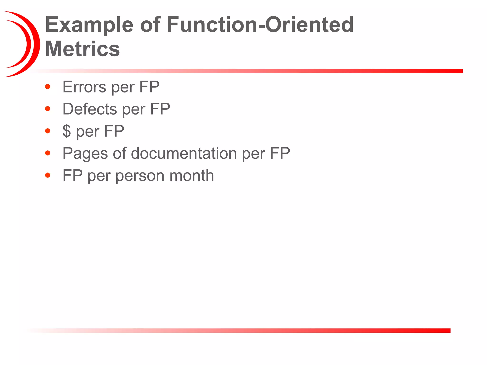 Example of Function-Oriented Metrics Errors per FP Defects per FP $ per FP Pages of documentation per FP FP per person month 