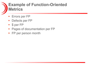 Example of Function-Oriented Metrics Errors per FP Defects per FP $ per FP Pages of documentation per FP FP per person month 