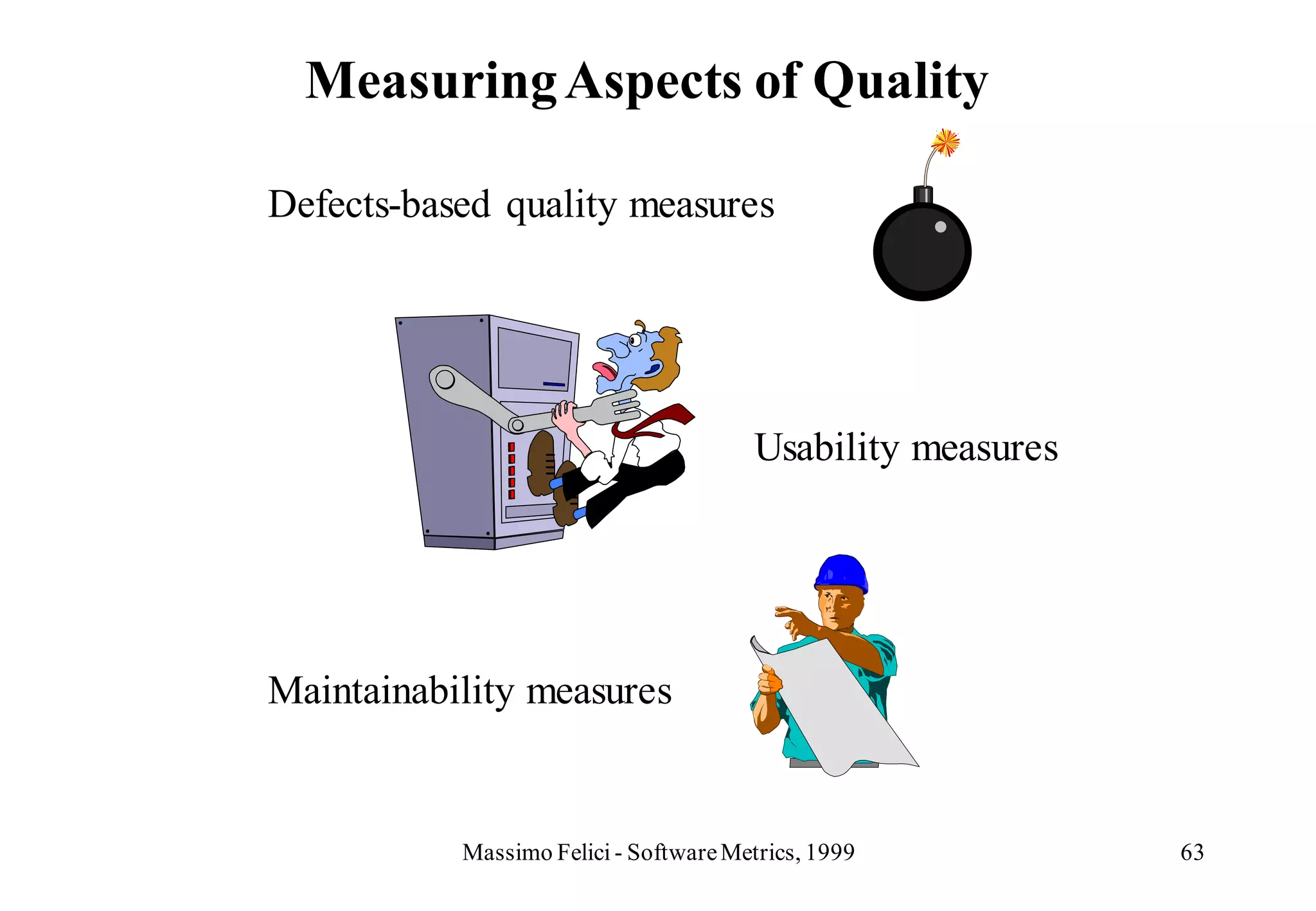 Measuring Aspects of Quality

Defects-based quality measures




                                       Usability measures




Maintainability measures


           Massimo Felici - Software Metrics, 1999          63
 
