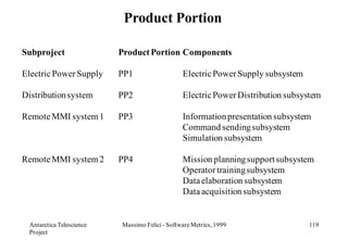 Product Portion

Subproject                Product Portion Components

Electric Power Supply     PP1                   Electric Power Supply subsystem

Distribution system       PP2                   Electric Power Distribution subsystem

Remote MMI system 1       PP3                   Information presentation subsystem
                                                Command sending subsystem
                                                Simulation subsystem

Remote MMI system 2       PP4                   Mission planning support subsystem
                                                Operator training subsystem
                                                Data elaboration subsystem
                                                Data acquisition subsystem


 Antarctica Telescience   Massimo Felici - Software Metrics, 1999                 119
 Project
 