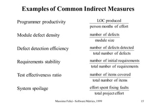Examples of Common Indirect Measures
Programmer productivity                             LOC produced
                                                person months of effort

Module defect density                           number of defects
                                                   module size

Defect detection efficiency                     number of defects detected
                                                  total number of defects

Requirements stability                          number of initial requiremen ts
                                                 total number of requiremen ts

Test effectiveness ratio                        number of items covered
                                                  total number of items

System spoilage                                 effort spent fixing faults
                                                   total project effort
                    Massimo Felici - Software Metrics, 1999                       15
 