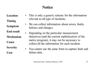 Notice

Location     • This is only a generic schema for the information
               relevant to all type of incidents.
Timing
             • We can collect information about errors, faults,
Symptom
               failures and changes.
End result
             • Depending on the particular measurement
Mechanism      objectives (and the current sophistication of the
               metric program), it may not be necessary to
Cause
               collect all the information for each incident.
Severity
             • You cannot use the same form to capture fault and
Cost           failure data


                    Massimo Felici - Software Metrics, 1999        23
 