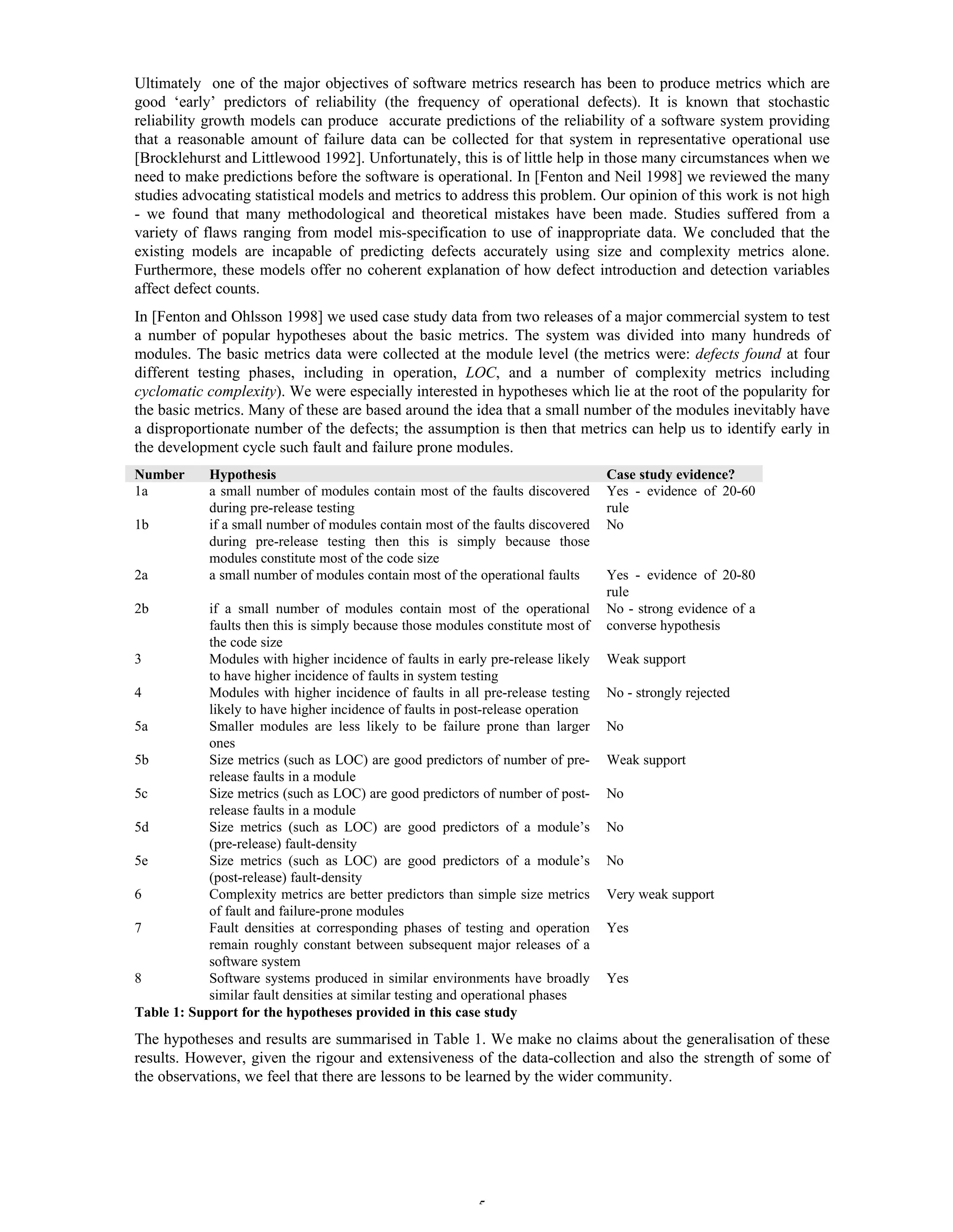5
Ultimately one of the major objectives of software metrics research has been to produce metrics which are
good ‘early’ predictors of reliability (the frequency of operational defects). It is known that stochastic
reliability growth models can produce accurate predictions of the reliability of a software system providing
that a reasonable amount of failure data can be collected for that system in representative operational use
[Brocklehurst and Littlewood 1992]. Unfortunately, this is of little help in those many circumstances when we
need to make predictions before the software is operational. In [Fenton and Neil 1998] we reviewed the many
studies advocating statistical models and metrics to address this problem. Our opinion of this work is not high
- we found that many methodological and theoretical mistakes have been made. Studies suffered from a
variety of flaws ranging from model mis-specification to use of inappropriate data. We concluded that the
existing models are incapable of predicting defects accurately using size and complexity metrics alone.
Furthermore, these models offer no coherent explanation of how defect introduction and detection variables
affect defect counts.
In [Fenton and Ohlsson 1998] we used case study data from two releases of a major commercial system to test
a number of popular hypotheses about the basic metrics. The system was divided into many hundreds of
modules. The basic metrics data were collected at the module level (the metrics were: defects found at four
different testing phases, including in operation, LOC, and a number of complexity metrics including
cyclomatic complexity). We were especially interested in hypotheses which lie at the root of the popularity for
the basic metrics. Many of these are based around the idea that a small number of the modules inevitably have
a disproportionate number of the defects; the assumption is then that metrics can help us to identify early in
the development cycle such fault and failure prone modules.
Number Hypothesis Case study evidence?
1a a small number of modules contain most of the faults discovered
during pre-release testing
Yes - evidence of 20-60
rule
1b if a small number of modules contain most of the faults discovered
during pre-release testing then this is simply because those
modules constitute most of the code size
No
2a a small number of modules contain most of the operational faults Yes - evidence of 20-80
rule
2b if a small number of modules contain most of the operational
faults then this is simply because those modules constitute most of
the code size
No - strong evidence of a
converse hypothesis
3 Modules with higher incidence of faults in early pre-release likely
to have higher incidence of faults in system testing
Weak support
4 Modules with higher incidence of faults in all pre-release testing
likely to have higher incidence of faults in post-release operation
No - strongly rejected
5a Smaller modules are less likely to be failure prone than larger
ones
No
5b Size metrics (such as LOC) are good predictors of number of pre-
release faults in a module
Weak support
5c Size metrics (such as LOC) are good predictors of number of post-
release faults in a module
No
5d Size metrics (such as LOC) are good predictors of a module’s
(pre-release) fault-density
No
5e Size metrics (such as LOC) are good predictors of a module’s
(post-release) fault-density
No
6 Complexity metrics are better predictors than simple size metrics
of fault and failure-prone modules
Very weak support
7 Fault densities at corresponding phases of testing and operation
remain roughly constant between subsequent major releases of a
software system
Yes
8 Software systems produced in similar environments have broadly
similar fault densities at similar testing and operational phases
Yes
Table 1: Support for the hypotheses provided in this case study
The hypotheses and results are summarised in Table 1. We make no claims about the generalisation of these
results. However, given the rigour and extensiveness of the data-collection and also the strength of some of
the observations, we feel that there are lessons to be learned by the wider community.
 