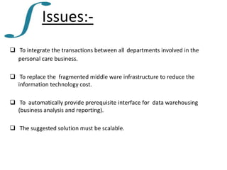 Issues:- To integrate the transactions between alldepartments involved in the personal care business.