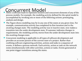 Concurrent Model Allow a software team to represent iterative and concurrent elements of any of the
process models. For example, the modeling activity defined for the spiral model is
accomplished by invoking one or more of the following actions: prototyping,
analysis and design.
 The Figure shows modeling may be in any one of the states at any given time. For
example, communication activity has completed its first iteration and in the
awaiting changes state. The modeling activity was in inactive state, now makes a
transition into the under development state. If customer indicates changes in
requirements, the modeling activity moves from the under development state into
the awaiting changes state.
 Concurrent modeling is applicable to all types of software development and
provides an accurate picture of the current state of a project. Rather than
confining software engineering activities, actions and tasks to a sequence of
events, it defines a process network. Each activity, action or task on the network
exists simultaneously with other activities, actions or tasks. Events generated at
one point trigger transitions among the states.
9
 