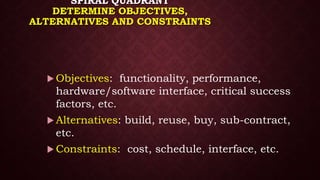 SPIRAL QUADRANT
DETERMINE OBJECTIVES,
ALTERNATIVES AND CONSTRAINTS
 Objectives: functionality, performance,
hardware/software interface, critical success
factors, etc.
 Alternatives: build, reuse, buy, sub-contract,
etc.
 Constraints: cost, schedule, interface, etc.
 