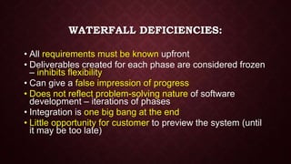 WATERFALL DEFICIENCIES:
• All requirements must be known upfront
• Deliverables created for each phase are considered frozen
– inhibits flexibility
• Can give a false impression of progress
• Does not reflect problem-solving nature of software
development – iterations of phases
• Integration is one big bang at the end
• Little opportunity for customer to preview the system (until
it may be too late)
 