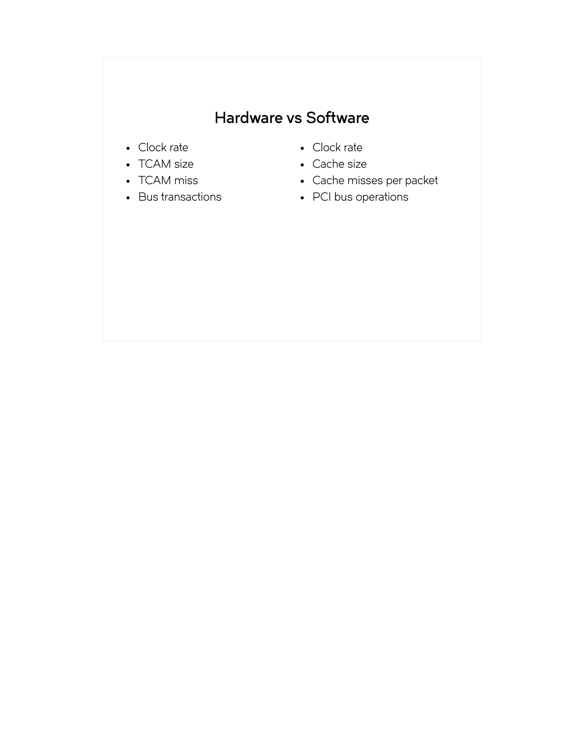 Hardware vs Software
● Clock rate
● TCAM size
● TCAM miss
● Bus transactions
● Clock rate
● Cache size
● Cache misses per packet
● PCI bus operations
 