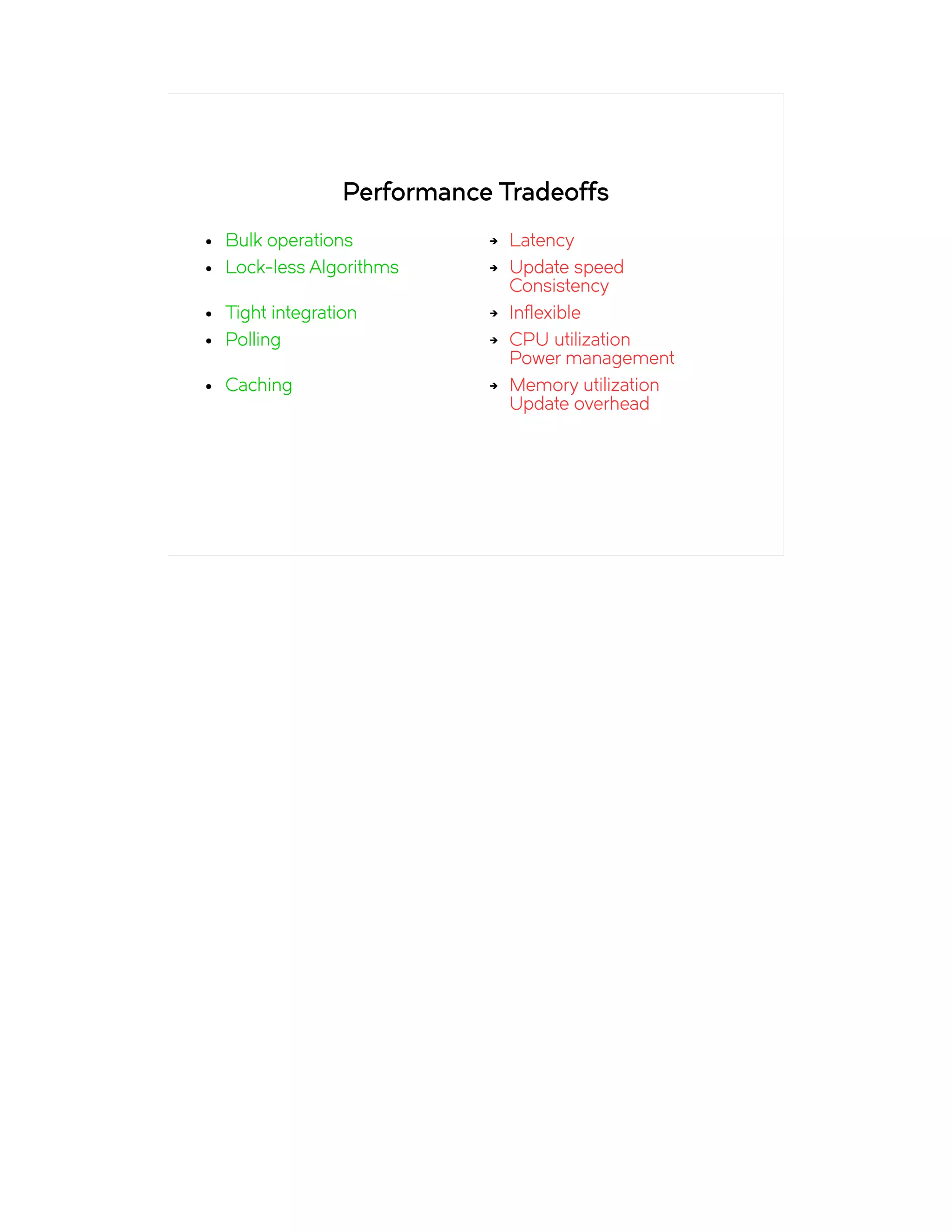 Performance Tradeoffs
● Bulk operations
● Lock-less Algorithms
● Tight integration
● Polling
● Caching
➔ Latency
➔ Update speed
Consistency
➔ Inflexible
➔ CPU utilization
Power management
➔ Memory utilization
Update overhead
 
