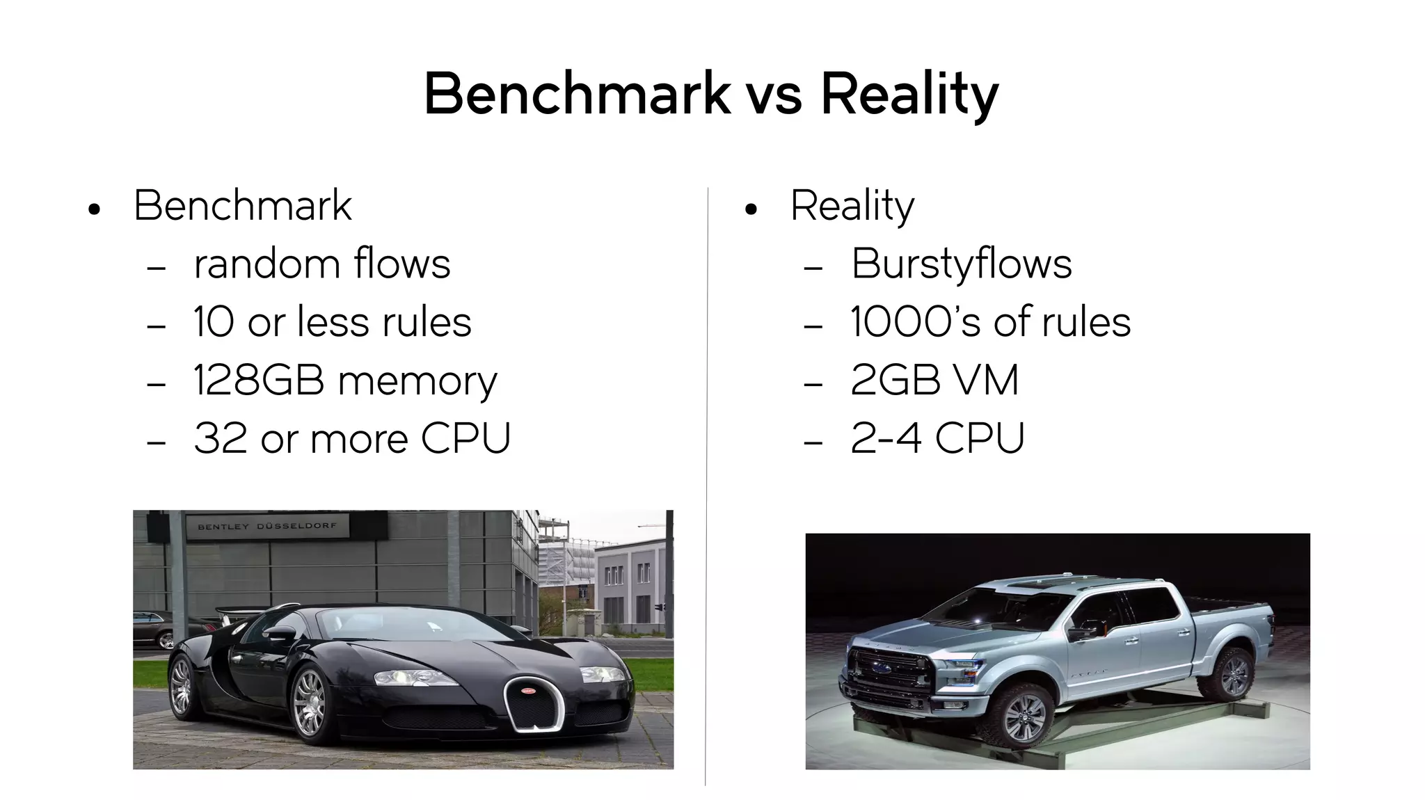 Benchmark vs Reality
● Benchmark
– random flows
– 10 or less rules
– 128GB memory
– 32 or more CPU
● Reality
– Burstyflows
– 1000's of rules
– 2GB VM
– 2-4 CPU
 