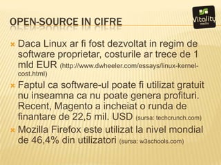 Open-source in cifreDaca Linux ar fi fostdezvoltat in regim de software proprietar, costurileartrece de 1 mld EUR (http://www.dwheeler.com/essays/linux-kernel-cost.html)Faptulca software-ulpoate fi utilizatgratuit nu inseamnaca nu poate genera profituri. Recent, Magento a incheiat o runda de finantare de 22,5 mil. USD (sursa: techcrunch.com)Mozilla Firefox esteutilizat la nivelmondial de 46,4% din utilizatori(sursa: w3schools.com)