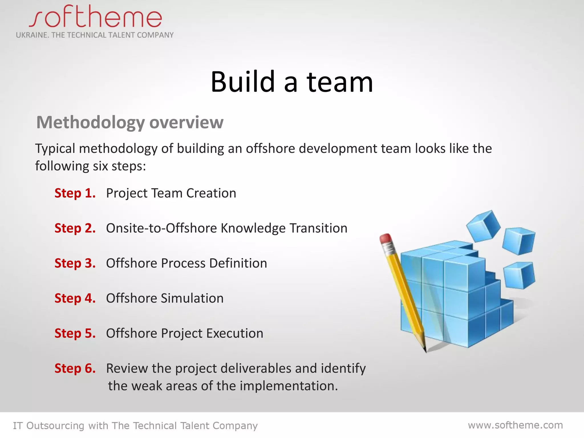 Build a team
Methodology overview
Typical methodology of building an offshore development team looks like the
following six steps:
   Step 1. Project Team Creation

   Step 2. Onsite-to-Offshore Knowledge Transition

   Step 3. Offshore Process Definition

   Step 4. Offshore Simulation

   Step 5. Offshore Project Execution

   Step 6. Review the project deliverables and identify
           the weak areas of the implementation.
 