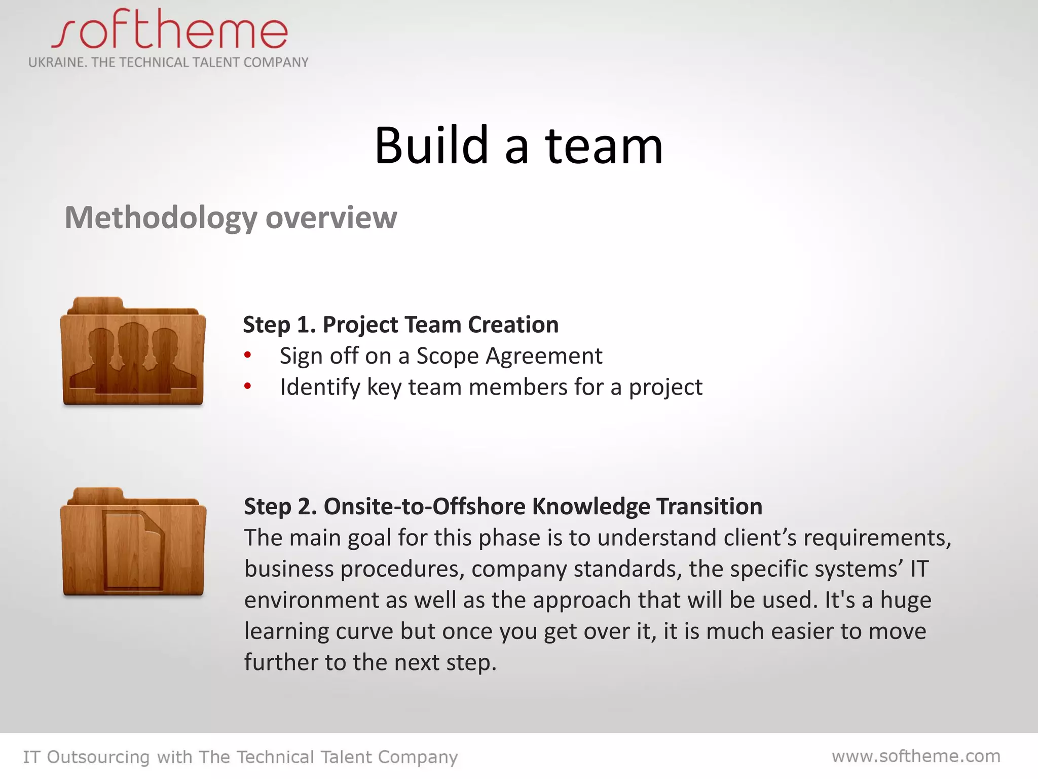 Build a team
Methodology overview


          Step 1. Project Team Creation
          • Sign off on a Scope Agreement
          • Identify key team members for a project



          Step 2. Onsite-to-Offshore Knowledge Transition
          The main goal for this phase is to understand client’s requirements,
          business procedures, company standards, the specific systems’ IT
          environment as well as the approach that will be used. It's a huge
          learning curve but once you get over it, it is much easier to move
          further to the next step.
 