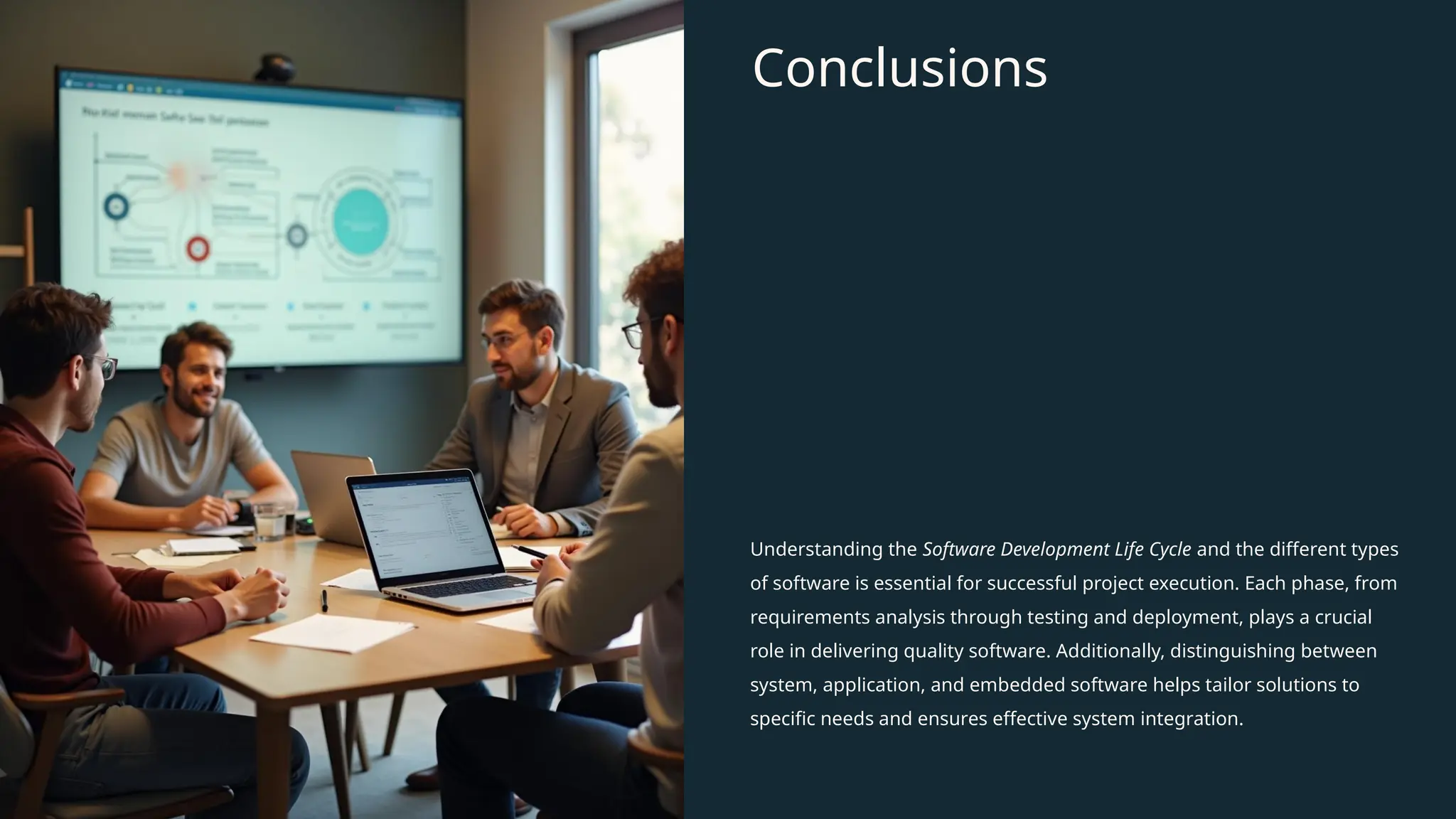 Conclusions
Understanding the Software Development Life Cycle and the different types
of software is essential for successful project execution. Each phase, from
requirements analysis through testing and deployment, plays a crucial
role in delivering quality software. Additionally, distinguishing between
system, application, and embedded software helps tailor solutions to
specific needs and ensures effective system integration.
 