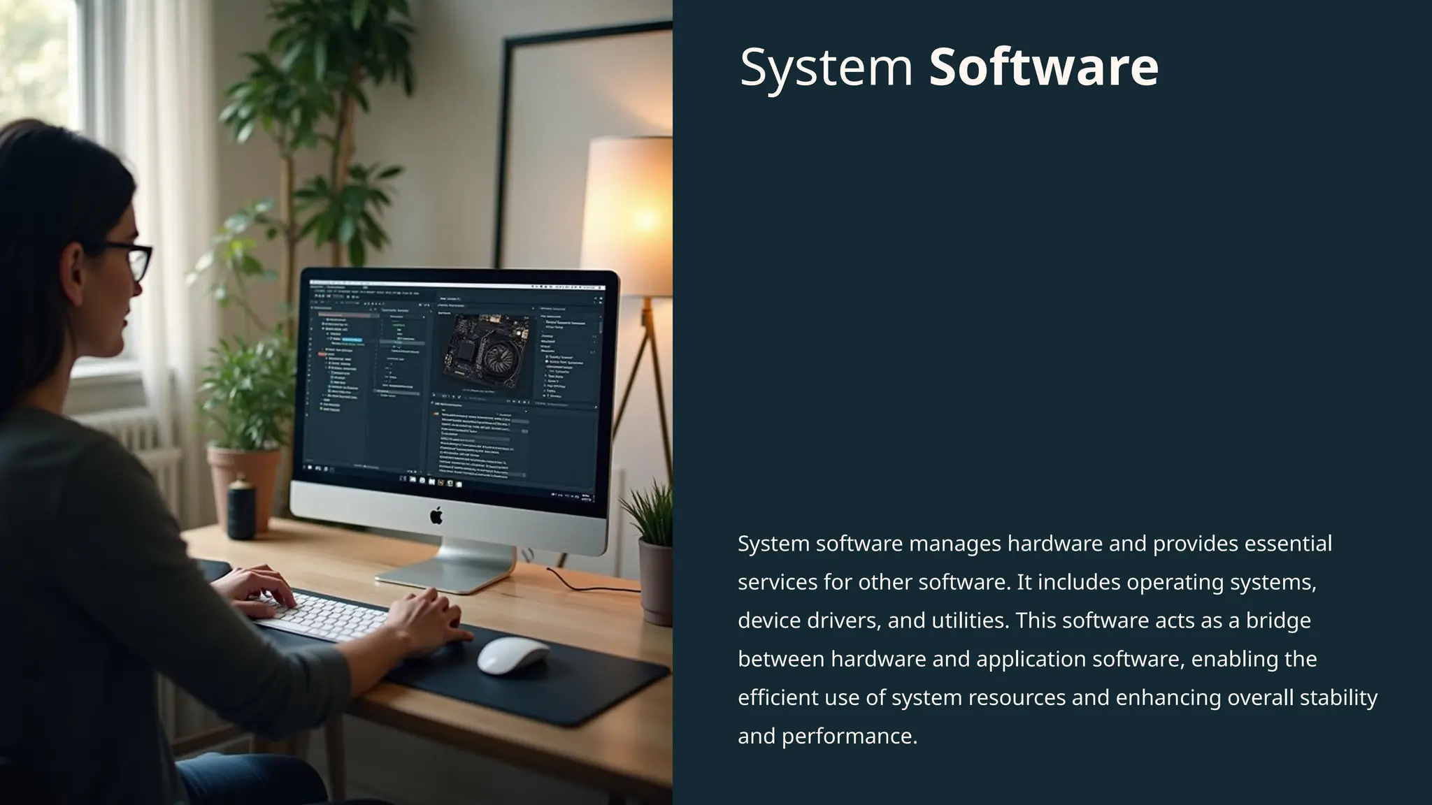 System Software
System software manages hardware and provides essential
services for other software. It includes operating systems,
device drivers, and utilities. This software acts as a bridge
between hardware and application software, enabling the
efficient use of system resources and enhancing overall stability
and performance.
 