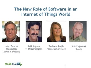 ©2012 MASSTLC ALL RIGHTS RESERVED.
The New Role of Software in an
Internet of Things World
John Canosa
ThingWorx
a PTC Company
Jeff Kaplan
THINKstrategies
Colleen Smith
Progress Software
Bill Zujewski
Axeda
 