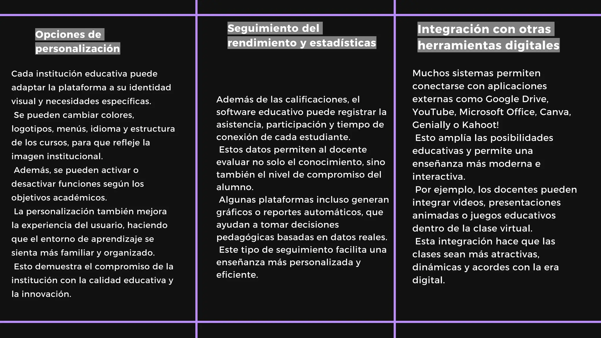 Muchos sistemas permiten
conectarse con aplicaciones
externas como Google Drive,
YouTube, Microsoft Office, Canva,
Genially o Kahoot!
Esto amplía las posibilidades
educativas y permite una
enseñanza más moderna e
interactiva.
Por ejemplo, los docentes pueden
integrar videos, presentaciones
animadas o juegos educativos
dentro de la clase virtual.
Esta integración hace que las
clases sean más atractivas,
dinámicas y acordes con la era
digital.
Cada institución educativa puede
adaptar la plataforma a su identidad
visual y necesidades específicas.
Se pueden cambiar colores,
logotipos, menús, idioma y estructura
de los cursos, para que refleje la
imagen institucional.
Además, se pueden activar o
desactivar funciones según los
objetivos académicos.
La personalización también mejora
la experiencia del usuario, haciendo
que el entorno de aprendizaje se
sienta más familiar y organizado.
Esto demuestra el compromiso de la
institución con la calidad educativa y
la innovación.
Opciones de
personalización
Seguimiento del
rendimiento y estadísticas
Integración con otras
herramientas digitales
Además de las calificaciones, el
software educativo puede registrar la
asistencia, participación y tiempo de
conexión de cada estudiante.
Estos datos permiten al docente
evaluar no solo el conocimiento, sino
también el nivel de compromiso del
alumno.
Algunas plataformas incluso generan
gráficos o reportes automáticos, que
ayudan a tomar decisiones
pedagógicas basadas en datos reales.
Este tipo de seguimiento facilita una
enseñanza más personalizada y
eficiente.
 
