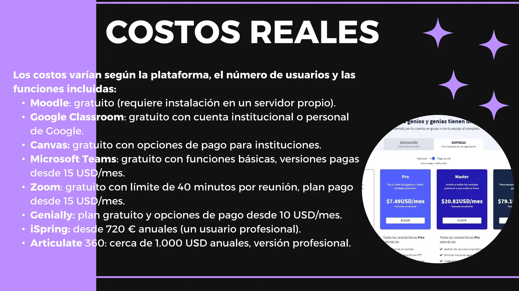 Los costos varían según la plataforma, el número de usuarios y las
funciones incluidas:
• Moodle: gratuito (requiere instalación en un servidor propio).
• Google Classroom: gratuito con cuenta institucional o personal
de Google.
• Canvas: gratuito con opciones de pago para instituciones.
• Microsoft Teams: gratuito con funciones básicas, versiones pagas
desde 15 USD/mes.
• Zoom: gratuito con límite de 40 minutos por reunión, plan pago
desde 15 USD/mes.
• Genially: plan gratuito y opciones de pago desde 10 USD/mes.
• iSpring: desde 720 € anuales (un usuario profesional).
• Articulate 360: cerca de 1.000 USD anuales, versión profesional.
COSTOS REALES
 