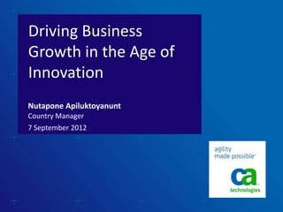 Driving Business
Growth in the Age of
Innovation
Nutapone Apiluktoyanunt
Country Manager
7 September 2012
 